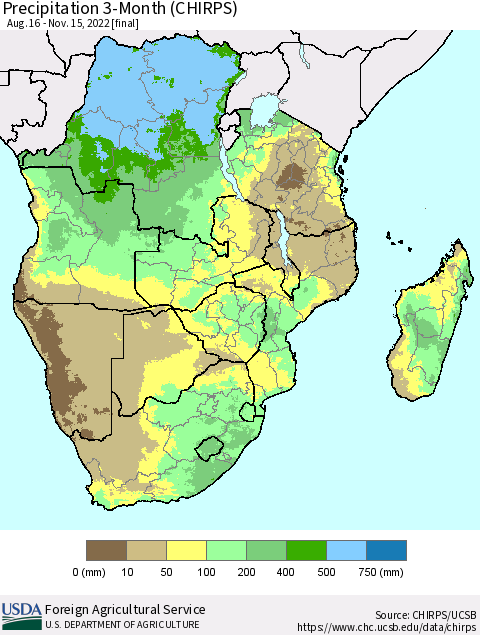 Southern Africa Precipitation 3-Month (CHIRPS) Thematic Map For 8/16/2022 - 11/15/2022