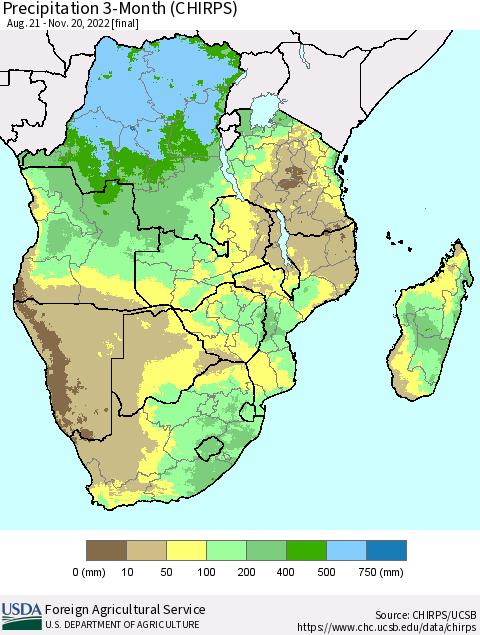 Southern Africa Precipitation 3-Month (CHIRPS) Thematic Map For 8/21/2022 - 11/20/2022