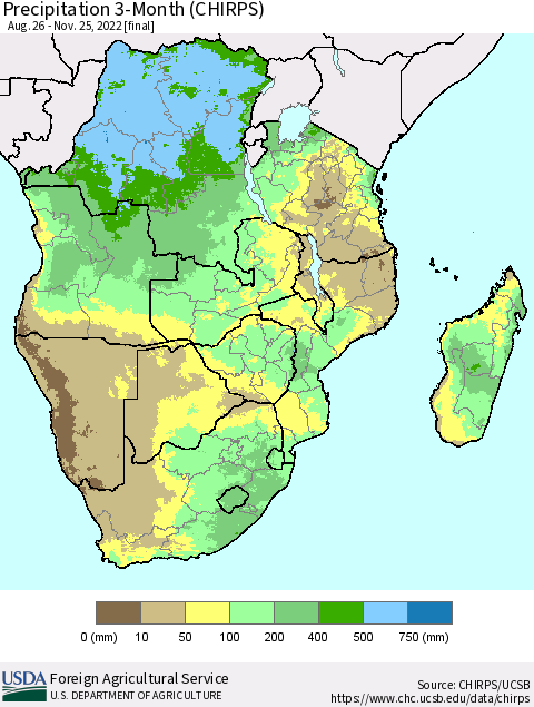 Southern Africa Precipitation 3-Month (CHIRPS) Thematic Map For 8/26/2022 - 11/25/2022