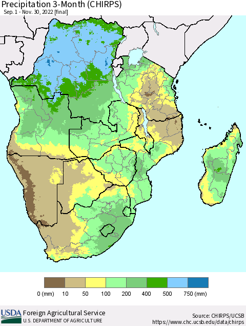 Southern Africa Precipitation 3-Month (CHIRPS) Thematic Map For 9/1/2022 - 11/30/2022