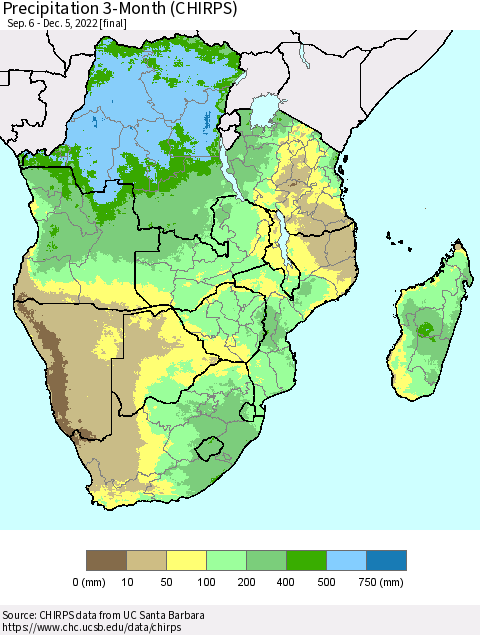 Southern Africa Precipitation 3-Month (CHIRPS) Thematic Map For 9/6/2022 - 12/5/2022