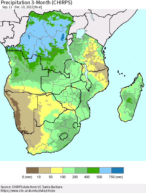 Southern Africa Precipitation 3-Month (CHIRPS) Thematic Map For 9/11/2022 - 12/10/2022