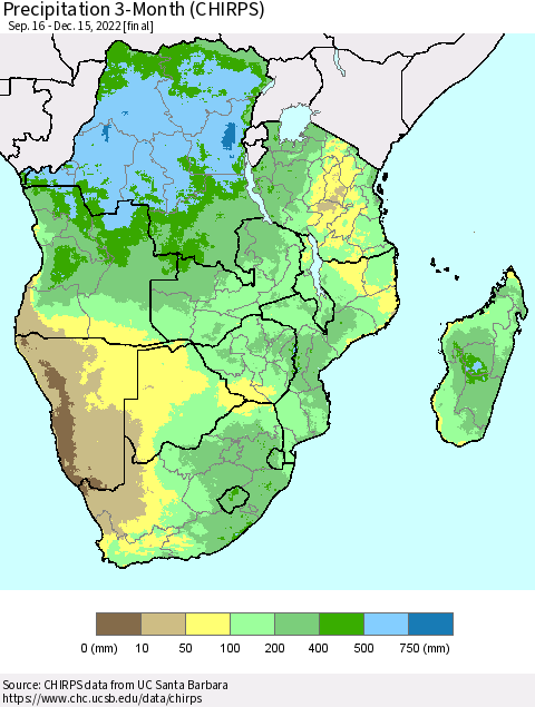 Southern Africa Precipitation 3-Month (CHIRPS) Thematic Map For 9/16/2022 - 12/15/2022