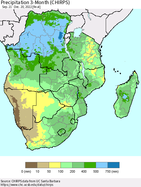 Southern Africa Precipitation 3-Month (CHIRPS) Thematic Map For 9/21/2022 - 12/20/2022