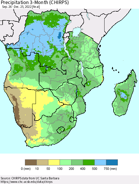 Southern Africa Precipitation 3-Month (CHIRPS) Thematic Map For 9/26/2022 - 12/25/2022