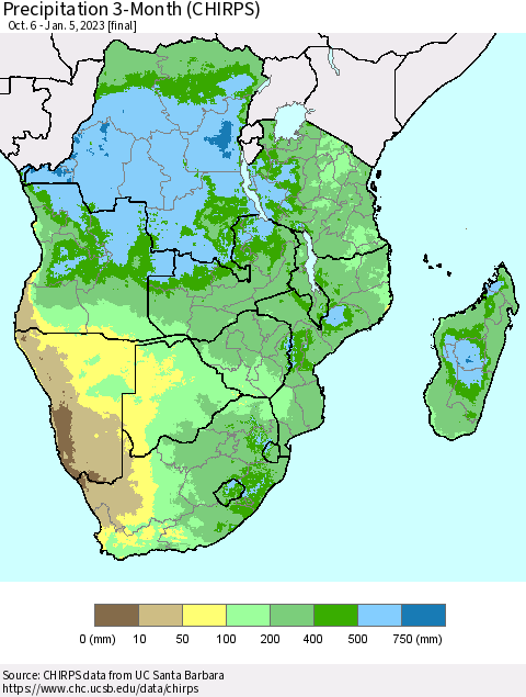Southern Africa Precipitation 3-Month (CHIRPS) Thematic Map For 10/6/2022 - 1/5/2023