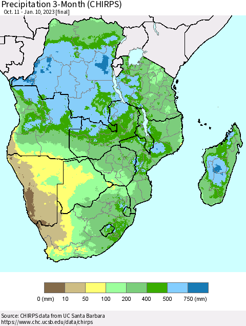 Southern Africa Precipitation 3-Month (CHIRPS) Thematic Map For 10/11/2022 - 1/10/2023