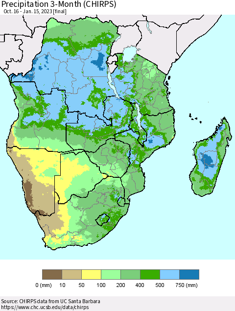 Southern Africa Precipitation 3-Month (CHIRPS) Thematic Map For 10/16/2022 - 1/15/2023