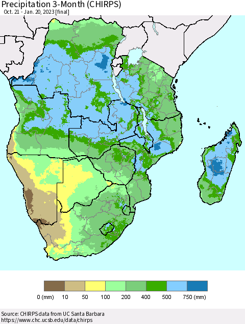Southern Africa Precipitation 3-Month (CHIRPS) Thematic Map For 10/21/2022 - 1/20/2023