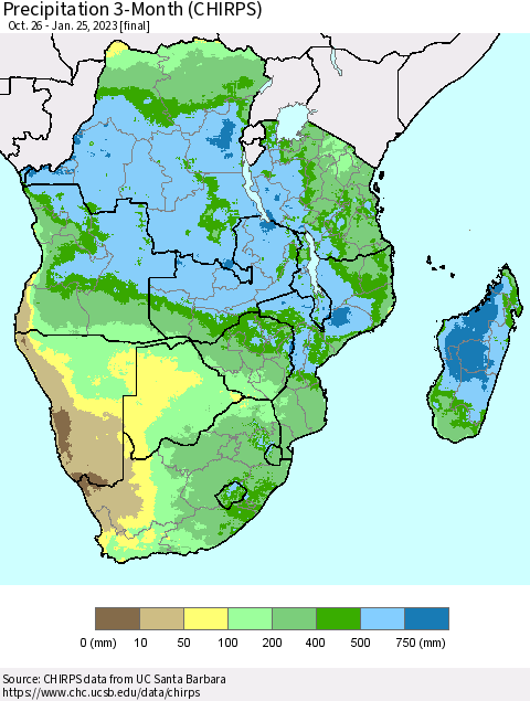Southern Africa Precipitation 3-Month (CHIRPS) Thematic Map For 10/26/2022 - 1/25/2023
