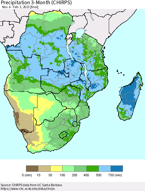 Southern Africa Precipitation 3-Month (CHIRPS) Thematic Map For 11/6/2022 - 2/5/2023