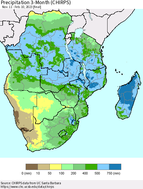 Southern Africa Precipitation 3-Month (CHIRPS) Thematic Map For 11/11/2022 - 2/10/2023