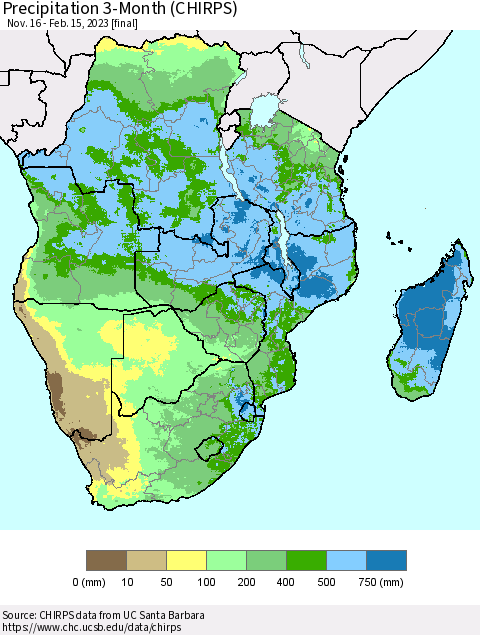 Southern Africa Precipitation 3-Month (CHIRPS) Thematic Map For 11/16/2022 - 2/15/2023