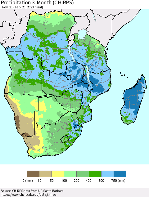 Southern Africa Precipitation 3-Month (CHIRPS) Thematic Map For 11/21/2022 - 2/20/2023