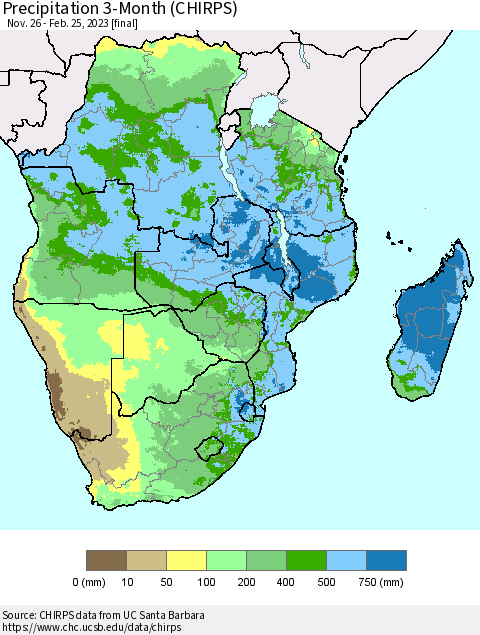 Southern Africa Precipitation 3-Month (CHIRPS) Thematic Map For 11/26/2022 - 2/25/2023