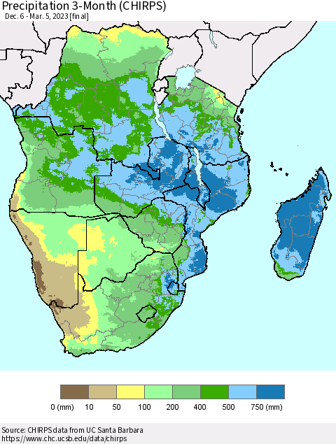 Southern Africa Precipitation 3-Month (CHIRPS) Thematic Map For 12/6/2022 - 3/5/2023