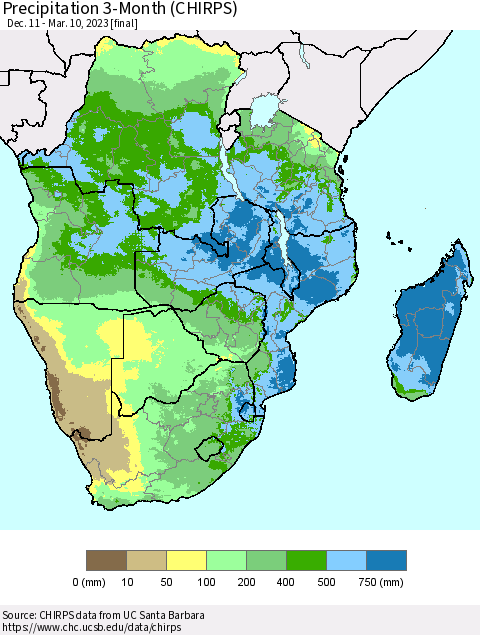 Southern Africa Precipitation 3-Month (CHIRPS) Thematic Map For 12/11/2022 - 3/10/2023