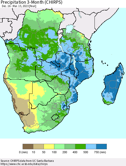 Southern Africa Precipitation 3-Month (CHIRPS) Thematic Map For 12/16/2022 - 3/15/2023