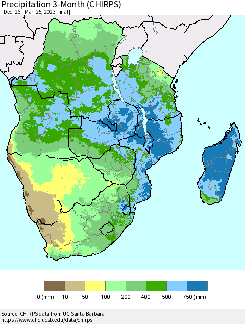Southern Africa Precipitation 3-Month (CHIRPS) Thematic Map For 12/26/2022 - 3/25/2023