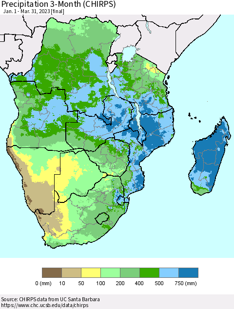 Southern Africa Precipitation 3-Month (CHIRPS) Thematic Map For 1/1/2023 - 3/31/2023