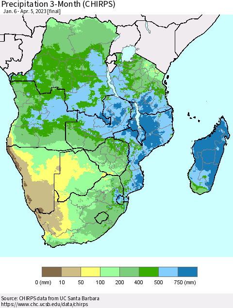Southern Africa Precipitation 3-Month (CHIRPS) Thematic Map For 1/6/2023 - 4/5/2023