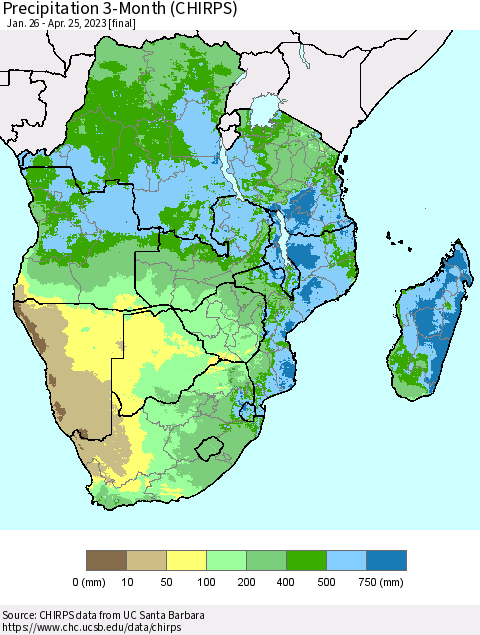 Southern Africa Precipitation 3-Month (CHIRPS) Thematic Map For 1/26/2023 - 4/25/2023