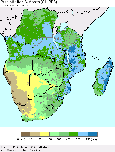 Southern Africa Precipitation 3-Month (CHIRPS) Thematic Map For 2/1/2023 - 4/30/2023