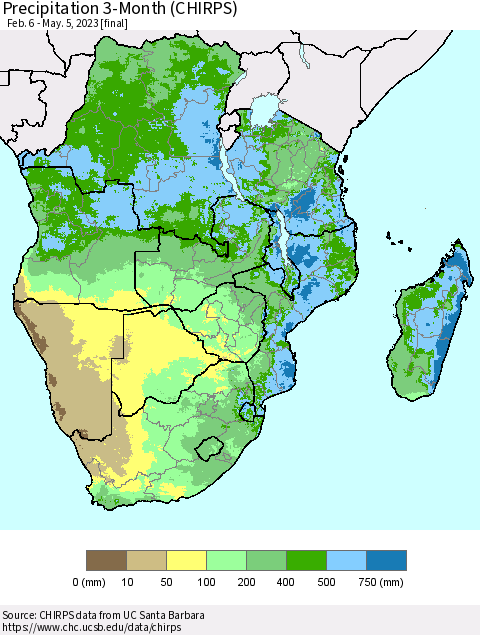 Southern Africa Precipitation 3-Month (CHIRPS) Thematic Map For 2/6/2023 - 5/5/2023