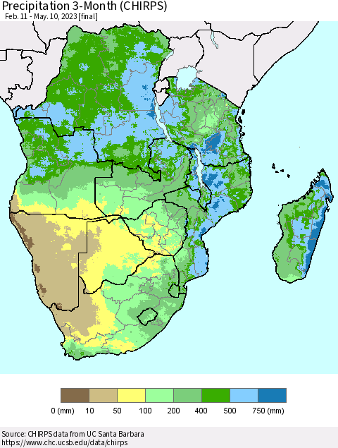 Southern Africa Precipitation 3-Month (CHIRPS) Thematic Map For 2/11/2023 - 5/10/2023