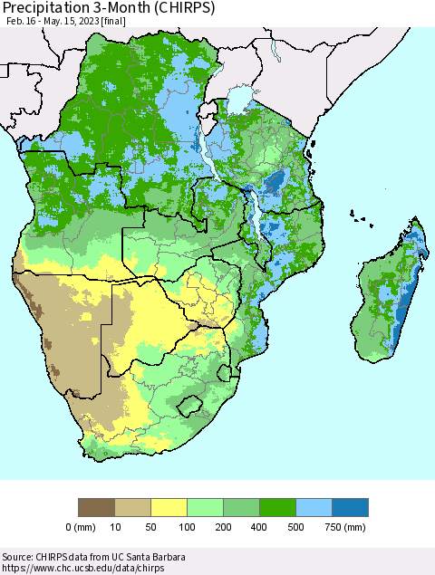 Southern Africa Precipitation 3-Month (CHIRPS) Thematic Map For 2/16/2023 - 5/15/2023
