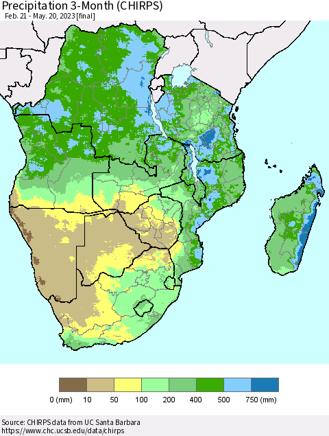 Southern Africa Precipitation 3-Month (CHIRPS) Thematic Map For 2/21/2023 - 5/20/2023