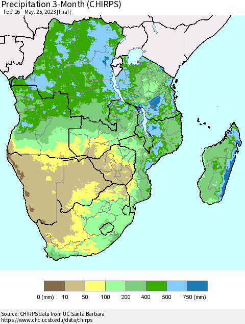 Southern Africa Precipitation 3-Month (CHIRPS) Thematic Map For 2/26/2023 - 5/25/2023