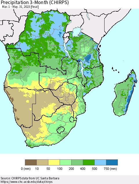 Southern Africa Precipitation 3-Month (CHIRPS) Thematic Map For 3/1/2023 - 5/31/2023