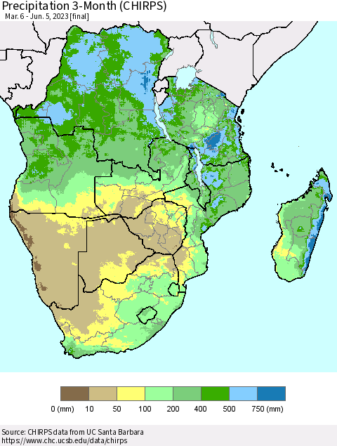 Southern Africa Precipitation 3-Month (CHIRPS) Thematic Map For 3/6/2023 - 6/5/2023