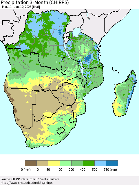 Southern Africa Precipitation 3-Month (CHIRPS) Thematic Map For 3/11/2023 - 6/10/2023