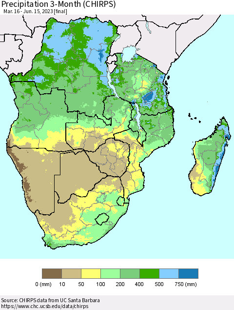 Southern Africa Precipitation 3-Month (CHIRPS) Thematic Map For 3/16/2023 - 6/15/2023