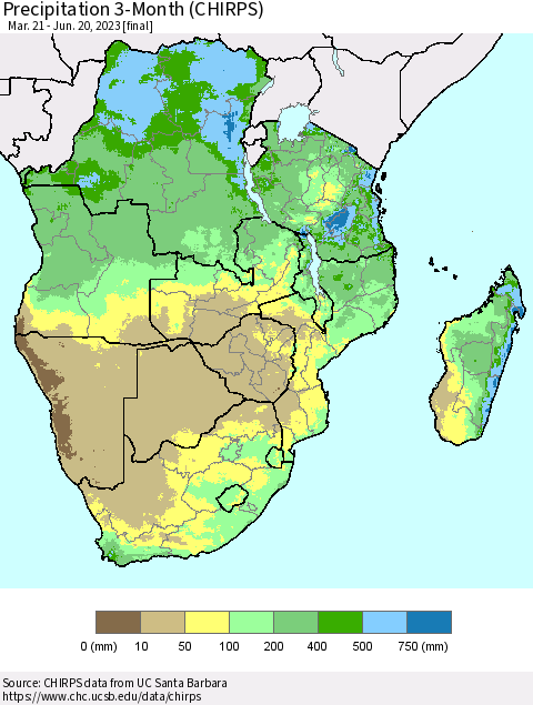 Southern Africa Precipitation 3-Month (CHIRPS) Thematic Map For 3/21/2023 - 6/20/2023