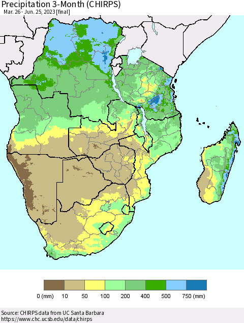 Southern Africa Precipitation 3-Month (CHIRPS) Thematic Map For 3/26/2023 - 6/25/2023