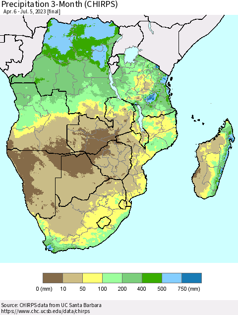 Southern Africa Precipitation 3-Month (CHIRPS) Thematic Map For 4/6/2023 - 7/5/2023