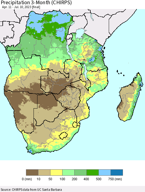 Southern Africa Precipitation 3-Month (CHIRPS) Thematic Map For 4/11/2023 - 7/10/2023