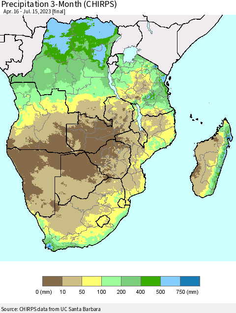 Southern Africa Precipitation 3-Month (CHIRPS) Thematic Map For 4/16/2023 - 7/15/2023