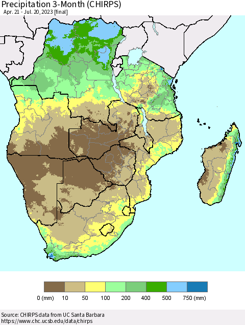 Southern Africa Precipitation 3-Month (CHIRPS) Thematic Map For 4/21/2023 - 7/20/2023