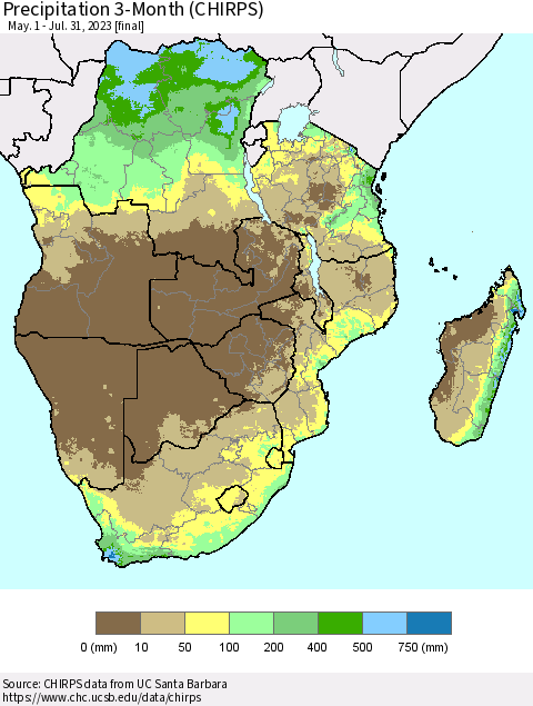 Southern Africa Precipitation 3-Month (CHIRPS) Thematic Map For 5/1/2023 - 7/31/2023