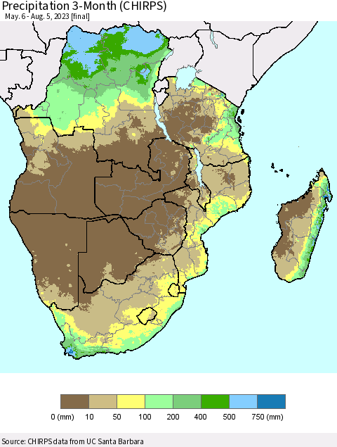 Southern Africa Precipitation 3-Month (CHIRPS) Thematic Map For 5/6/2023 - 8/5/2023
