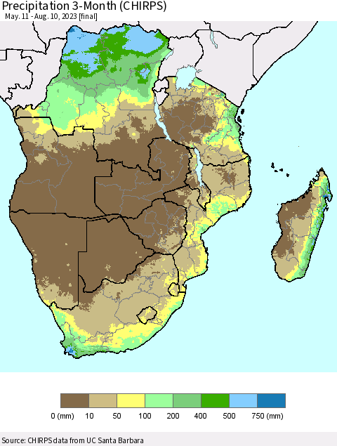 Southern Africa Precipitation 3-Month (CHIRPS) Thematic Map For 5/11/2023 - 8/10/2023