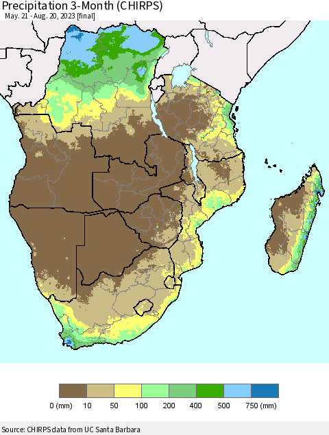Southern Africa Precipitation 3-Month (CHIRPS) Thematic Map For 5/21/2023 - 8/20/2023