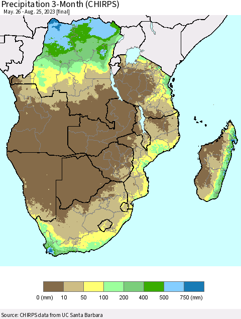 Southern Africa Precipitation 3-Month (CHIRPS) Thematic Map For 5/26/2023 - 8/25/2023