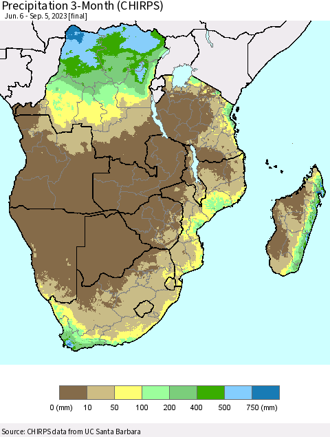 Southern Africa Precipitation 3-Month (CHIRPS) Thematic Map For 6/6/2023 - 9/5/2023