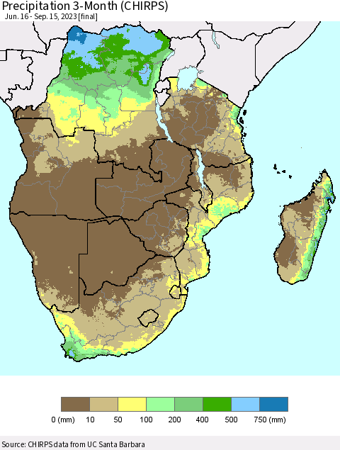 Southern Africa Precipitation 3-Month (CHIRPS) Thematic Map For 6/16/2023 - 9/15/2023