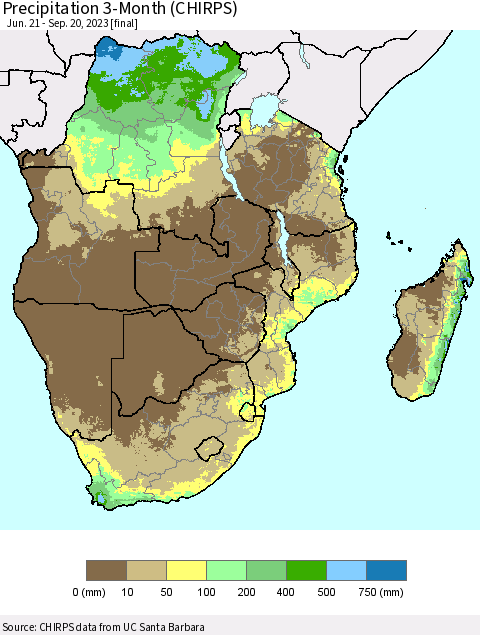 Southern Africa Precipitation 3-Month (CHIRPS) Thematic Map For 6/21/2023 - 9/20/2023